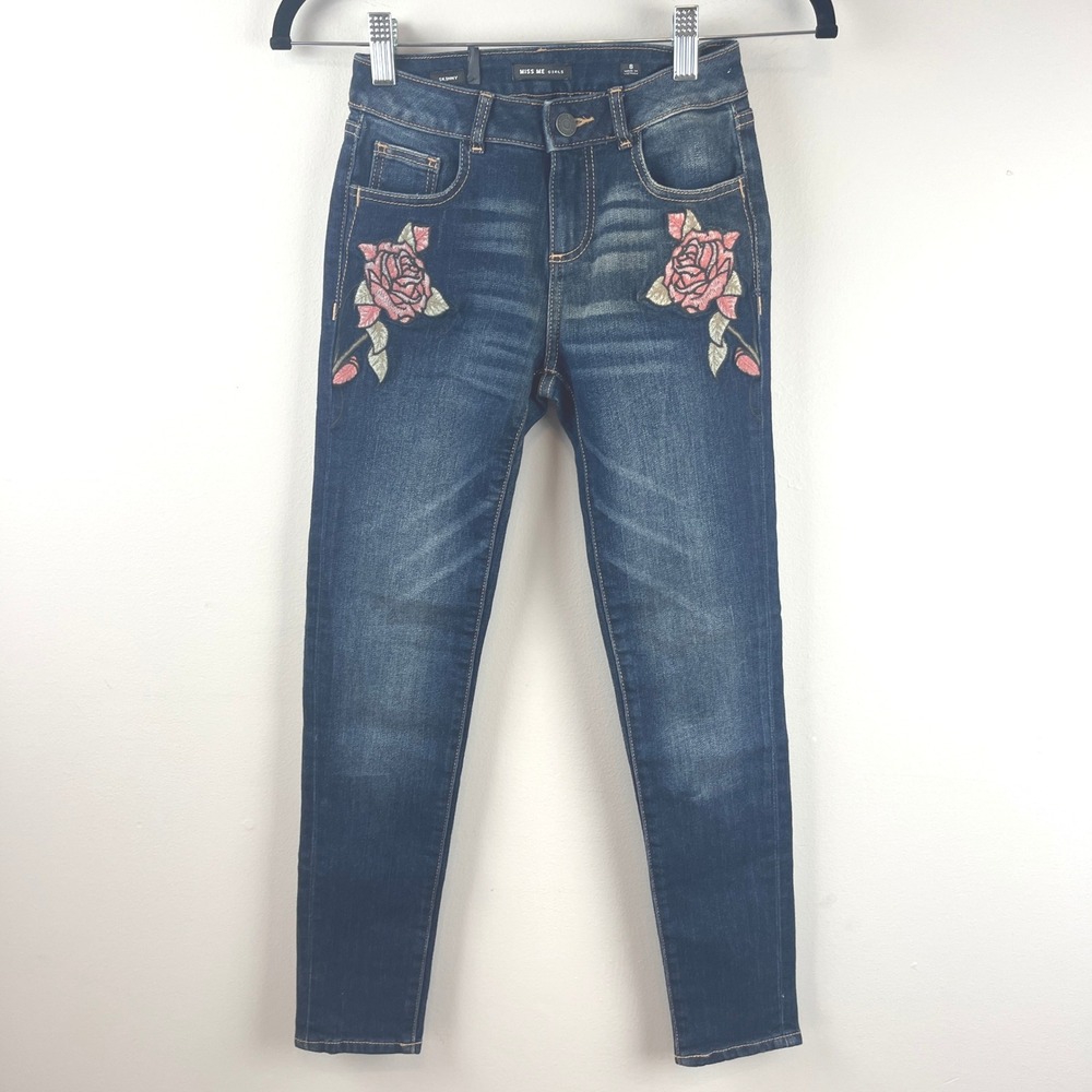 NWT MISS ME BLUE PINK EMBROIDERED FLORAL SKINNY JEANS 8